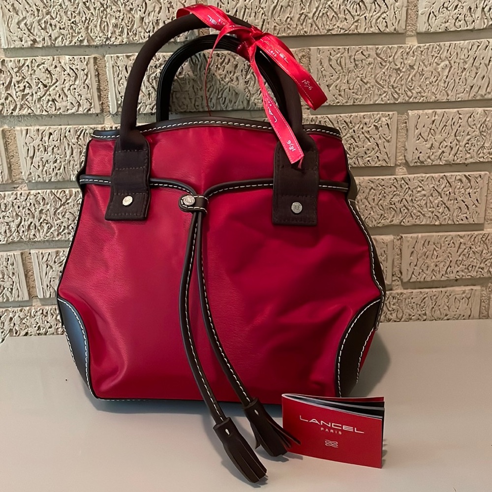 Lancel red nylon tote with brown leather trim and tassel